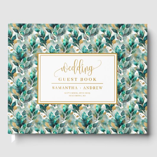 Forest groen goud bruiloft gastenboek met bladeren (Voorkant)