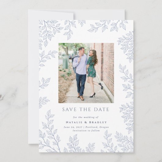 Forest Grove Dusty Blue Photo Bewaar de datum Kaart (Voorkant)