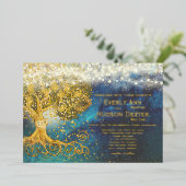 Forest Grove Fairy Lights Blue & Gold Wedding Folie Uitnodiging (Staand Voorkant)
