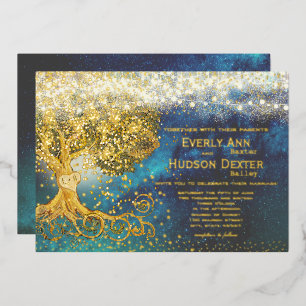 Forest Grove Fairy Lights Blue & Gold Wedding Folie Uitnodiging