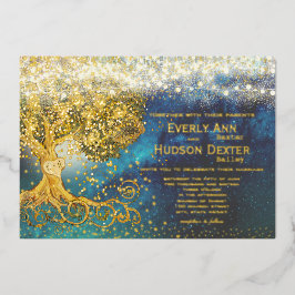 Forest Grove Kerstverlichting Blauw & Goud Bruilof Folie Uitnodiging