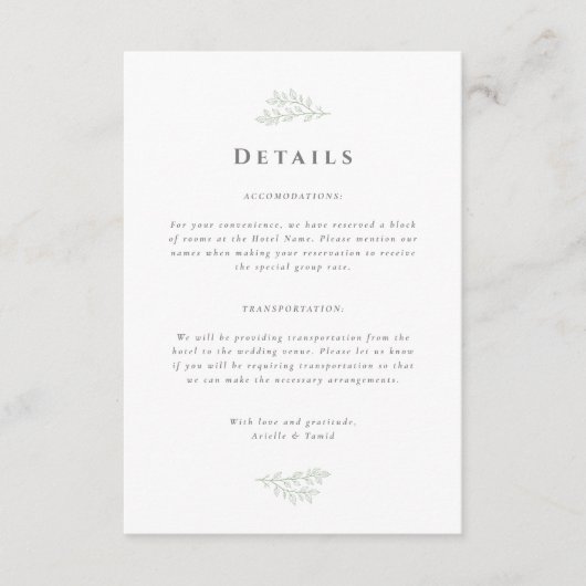 Forest Grove Sage Green Wedding Details Informatiekaartje (Voorkant)