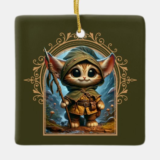 Forest Guardian Kat – Een grillig fantasiedier Keramisch Ornament (Voorkant)