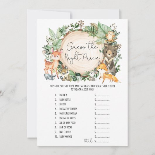 Forest Guess de juiste prijs Baby shower Game Kaar Kaart (Voorkant)