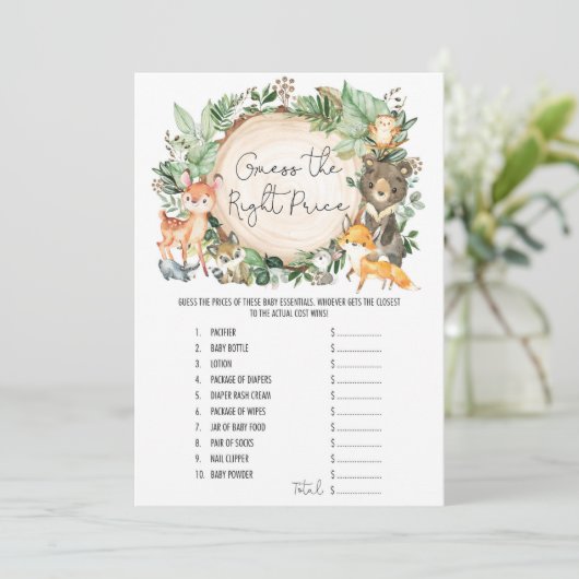 Forest Guess de juiste prijs Baby shower Game Kaar Kaart (Staand voorkant)