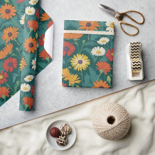 Forest Hunter Groen Sinaasappel Geel Wit Daisy Cadeaupapier (Crafts)