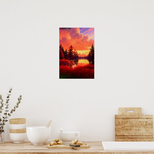 Forest Lake Badend in Red Sunset Poster (Keuken)