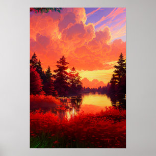 Forest Lake Badend in Red Sunset Poster