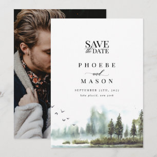 Forest Lake Woodland Wedding Photo Save the Date Kaart