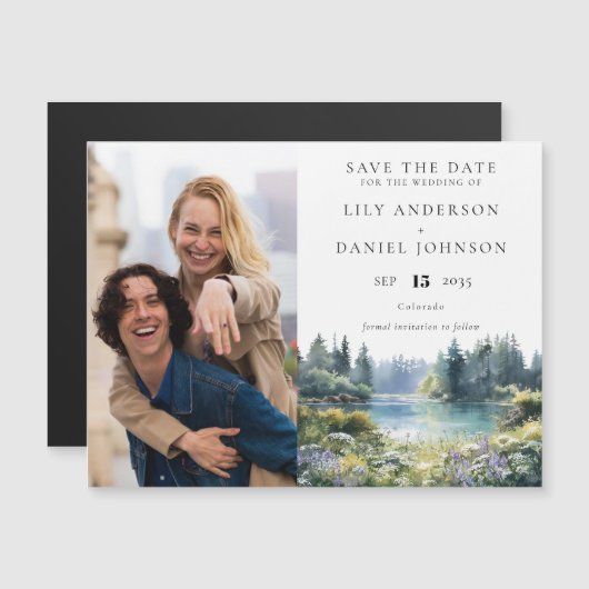 Forest Lakeside Floral Photo Wedding Save The Date Magnetische Uitnodiging (Voorkant / Achterkant)