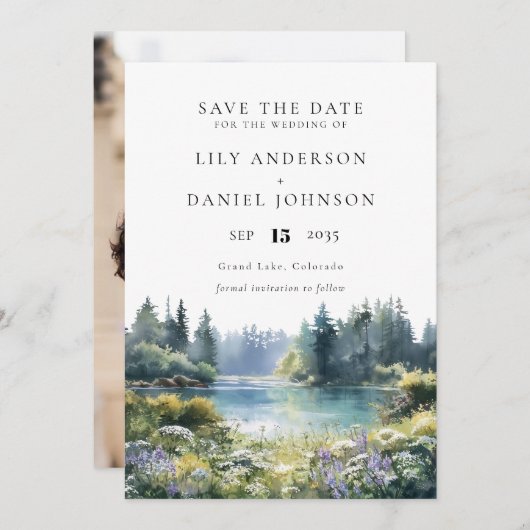 Forest Lakeside Wildflowers Floral Photo Wedding Save The Date (Voorkant / Achterkant)