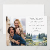 Forest Lakeside Wildflowers Floral Photo Wedding Save The Date (Voorkant / Achterkant)
