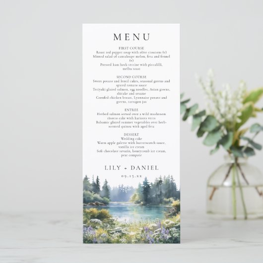Forest Lakeside Wildflowers Floral Wedding Menu (Staand voorkant)
