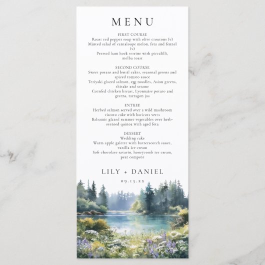 Forest Lakeside Wildflowers Floral Wedding Menu (Voorkant)