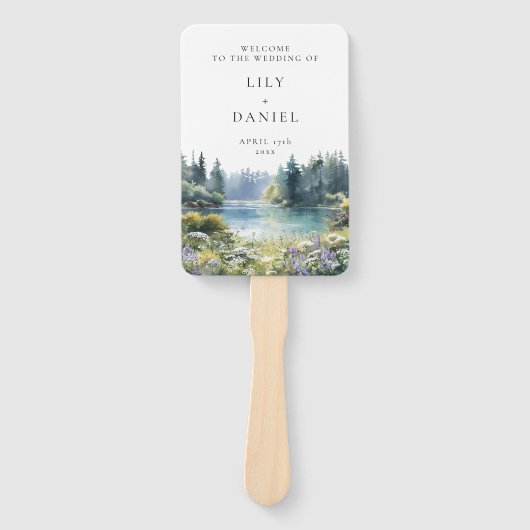 Forest Lakeside Wildflowers Floral Wedding Program Handwaaier (Voorkant)