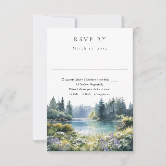 Forest Lakeside Wildflowers Floral Wedding RSVP Kaartje (Voorkant)