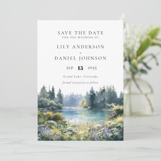 Forest Lakeside Wildflowers Floral Wedding Save The Date (Staand voorkant)