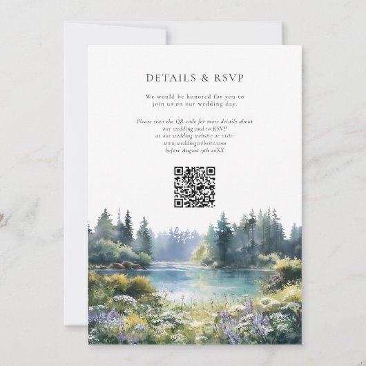 Forest Lakeside Wildflowers QR Code Wedding Kaart (Achterkant)