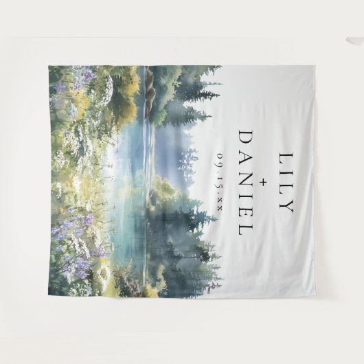 Forest Lakeside Wildflowers Wedding Photo Backdrop Wandkleed (Voorkant (horizontaal))