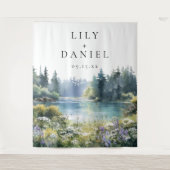 Forest Lakeside Wildflowers Wedding Photo Backdrop Wandkleed (Voorkant)