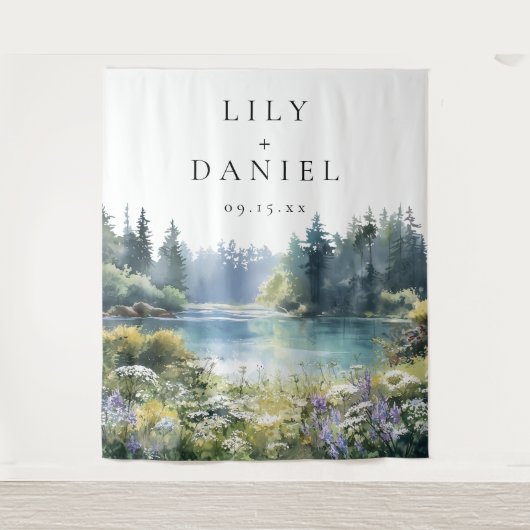 Forest Lakeside Wildflowers Wedding Photo Backdrop Wandkleed (Voorkant)