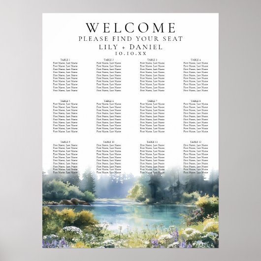Forest Lakeside Wildflowers Wedding Seating Chart Poster (Voorkant)