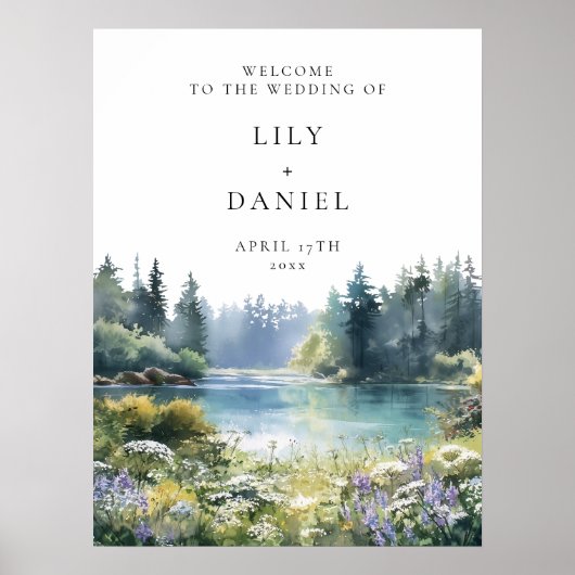 Forest Lakeside Wildflowers Wedding Welcome Sign Poster (Voorkant)