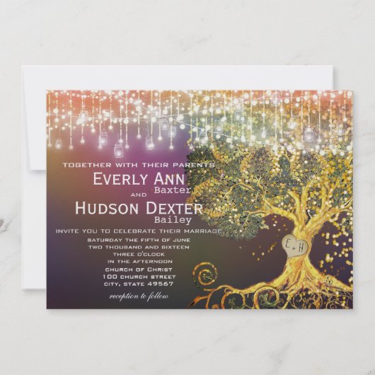 Forest Mason Jar Fairytale Paars en Gold Wedding Kaart (Voorkant)