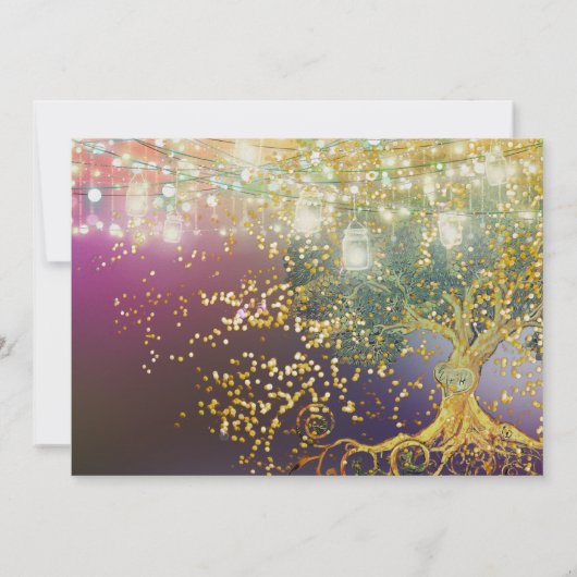 Forest Mason Jar Fairytale Paars en Gold Wedding Kaart (Achterkant)