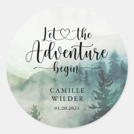 Forest Mist Adventure Mountains Baby shower Ronde Sticker (Voorkant)