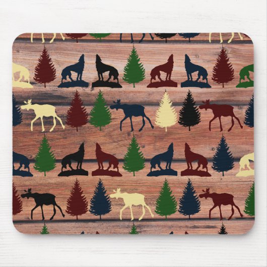 Forest Moose Wolf Wilderness Mountain Cabin Rustic Muismat (Voorkant)