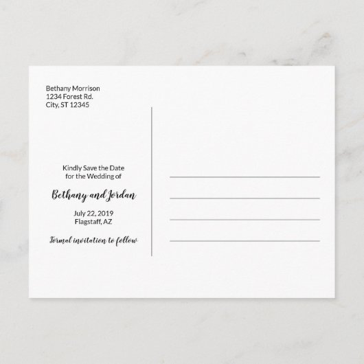 Forest Mountain Lake & Snow Save the Date Briefkaa Aankondigingskaart (Achterkant)