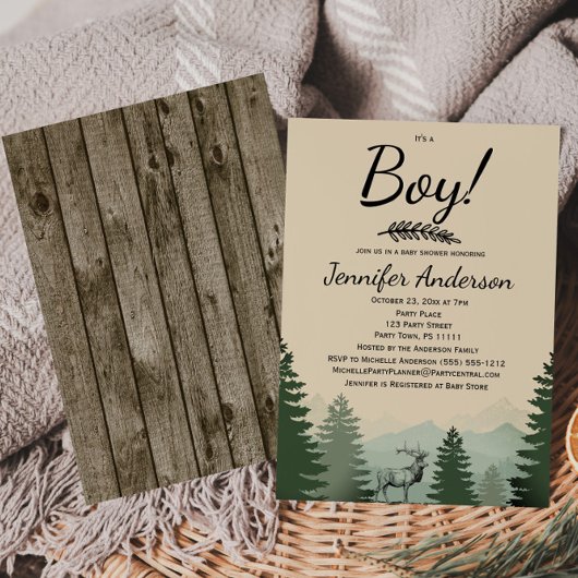 Forest Mountain Pine Country Boy Baby shower Kaart