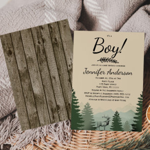 Forest Mountain Pine Country Boy Baby shower Kaart