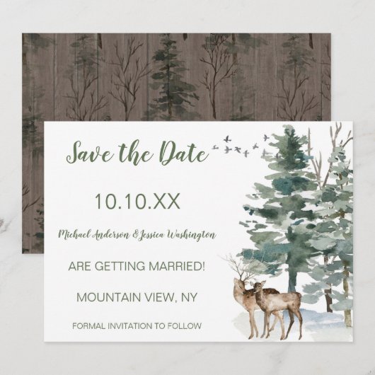 Forest Mountain Pine Deer Save the Date (Voorkant / Achterkant)