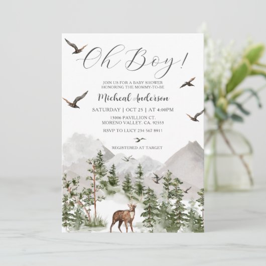 Forest Mountain Pine Tree Deer Boy Baby shower Kaart (Staand voorkant)