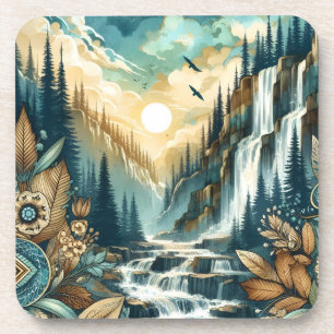 Forest Mountain Waterval Boho Natuur Patroon Bier Onderzetter