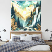 Forest Mountain Waterval Boho Natuur Patroon Canvas Afdruk (Insitu (Slaapkamer))