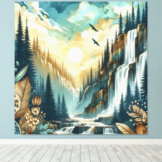 Forest Mountain Waterval Boho Natuur Patroon Canvas Afdruk (Insitu (Houten vloer))
