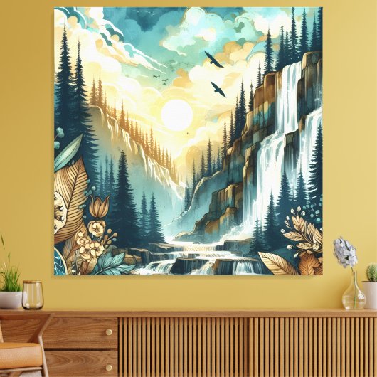 Forest Mountain Waterval Boho Natuur Patroon Canvas Afdruk (Insitu (Woonkamer))