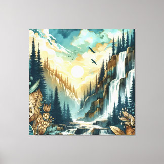 Forest Mountain Waterval Boho Natuur Patroon Canvas Afdruk