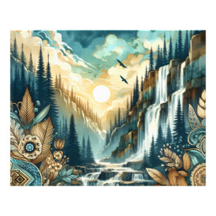 Forest Mountain Waterval Boho Natuur Patroon Foto Afdruk