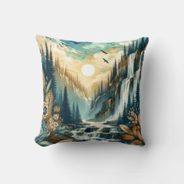 Forest Mountain Waterval Boho Natuur Patroon Kussen