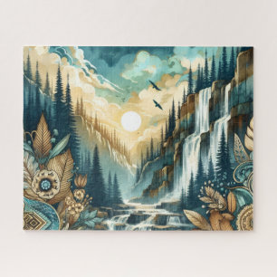Forest Mountain Waterval Boho Natuur Patroon Legpuzzel