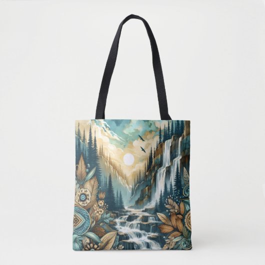 Forest Mountain Waterval Boho Natuur Patroon Tote Bag (Voorkant)