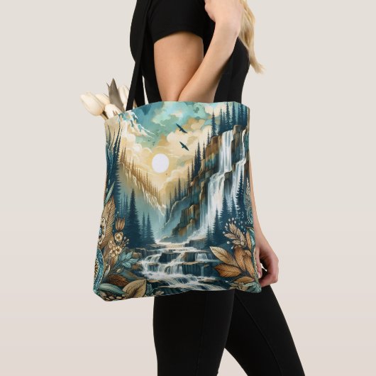 Forest Mountain Waterval Boho Natuur Patroon Tote Bag (Dichtbij)