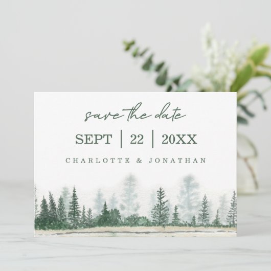 Forest Mountain Waterverf Wedding Save The Date (Staand voorkant)