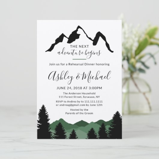 Forest Mountains Rehearsal Dinner Invitation Kaart (Staand voorkant)