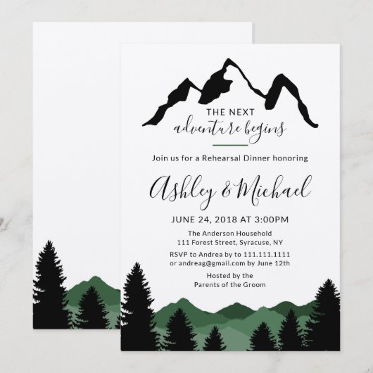 Forest Mountains Rehearsal Dinner Invitation Kaart (Voorkant / Achterkant)