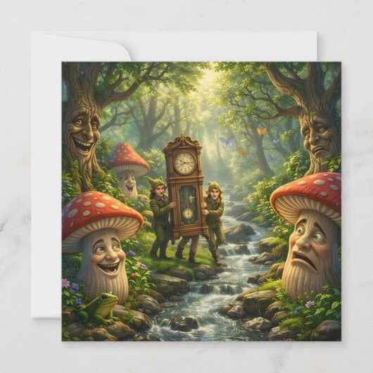 Forest mushroom and gnome clock birthday card kaart (Voorkant)